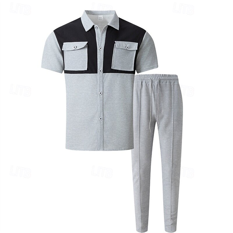 Men's T-shirt Suits Pants Sets 2 Pieces Outfits Short Sleeve Shirt Collar Summer Color Block Fashion Casual 2 Piece Vacation Daily Wear Going out Black Wine Dark Green Top Tee for Men2