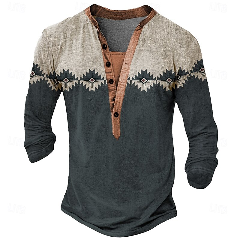 Men's Geometric Tribal T Shirt Henley Shirt Long Sleeve Designer Retro Vintage Bohemian Street Casual Daily Summer Spring Fall Black Green Henley Henley T-Shirt2