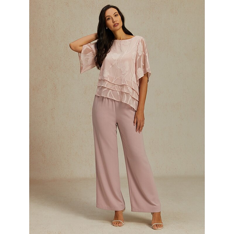 Women's Lace Shirt Blouse Dressy Tops Chiffon Tops Solid Color Floral Graphic Elegant Stylish Basic Half Sleeve Flutter Sleeve Boat Neck Regular Tops Wedding Guest Work Daily Asymmetric Hem Pink3