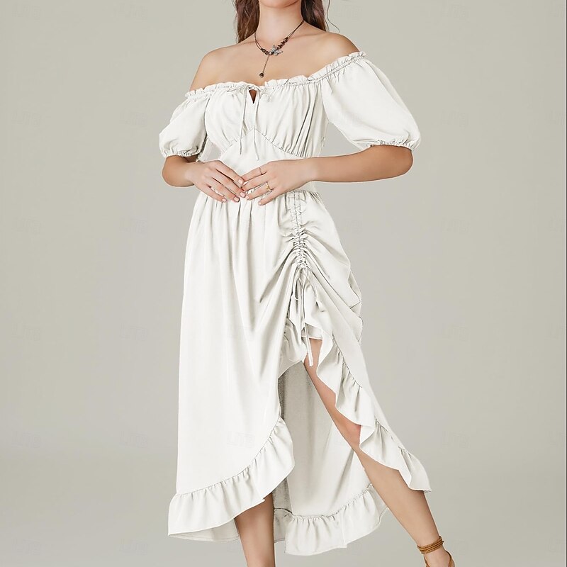 Retro Vintage Medieval Renaissance Midi Dress Under Dress Puff Sleeve Viking Regency Inspired Cottagecore Fancy Dress Women's Fantasy Halloween Carnival Vacation LARP Ren Faire Adults' Dress Spring3