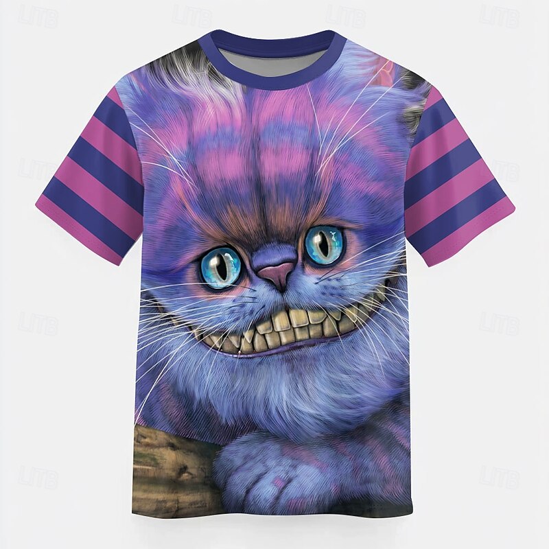 Cheshire Cat VINCENT HIE Men's Cat T Shirt Short Sleeve T shirt 3D Print Crew Neck Shirt Exaggerated Designer Party Street Casual Purple Summer Spring All Seasons Clothing Apparel S M L XL XXL XXXL 4X