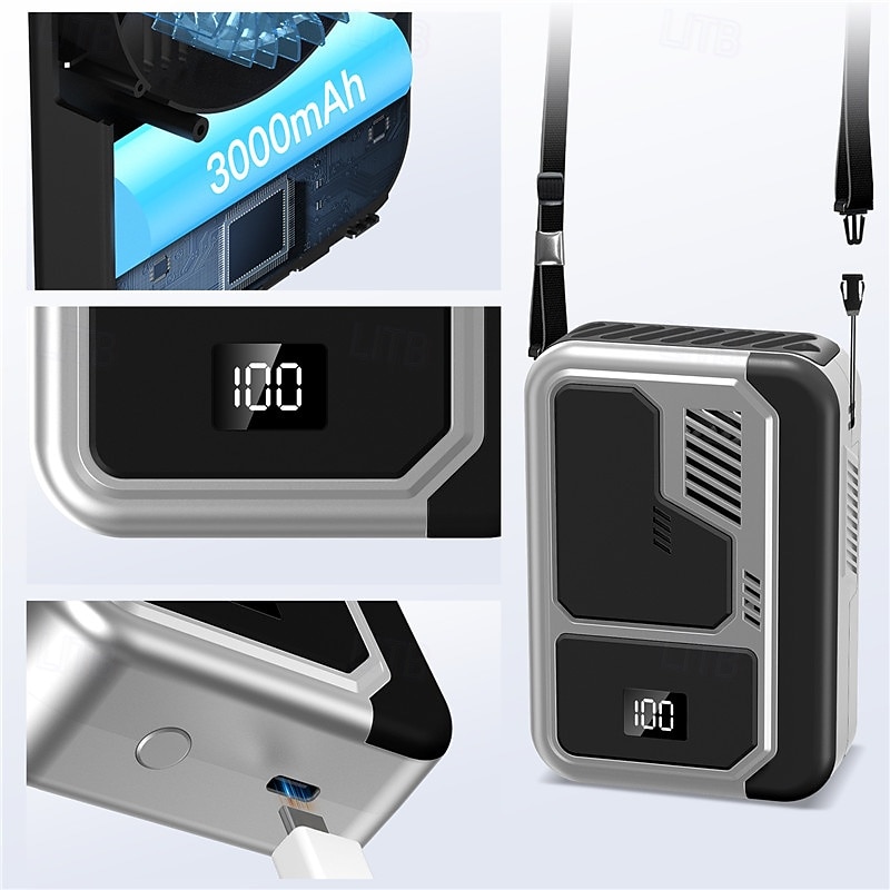 3-in-1 Portable Neck Waist Desk Fan – Powerful Cooling, Digital Display, Quiet Operation3