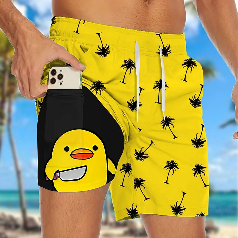 Men's Coconut Tree Funny Duck Lined Shorts 2 in 1 Board Shorts Swim Shorts Mid Waist Hawaiian Vacation Beach Wear Side Pockets With Compression Liner Elastic Drawstring Waist Designer Clothing Apparel4