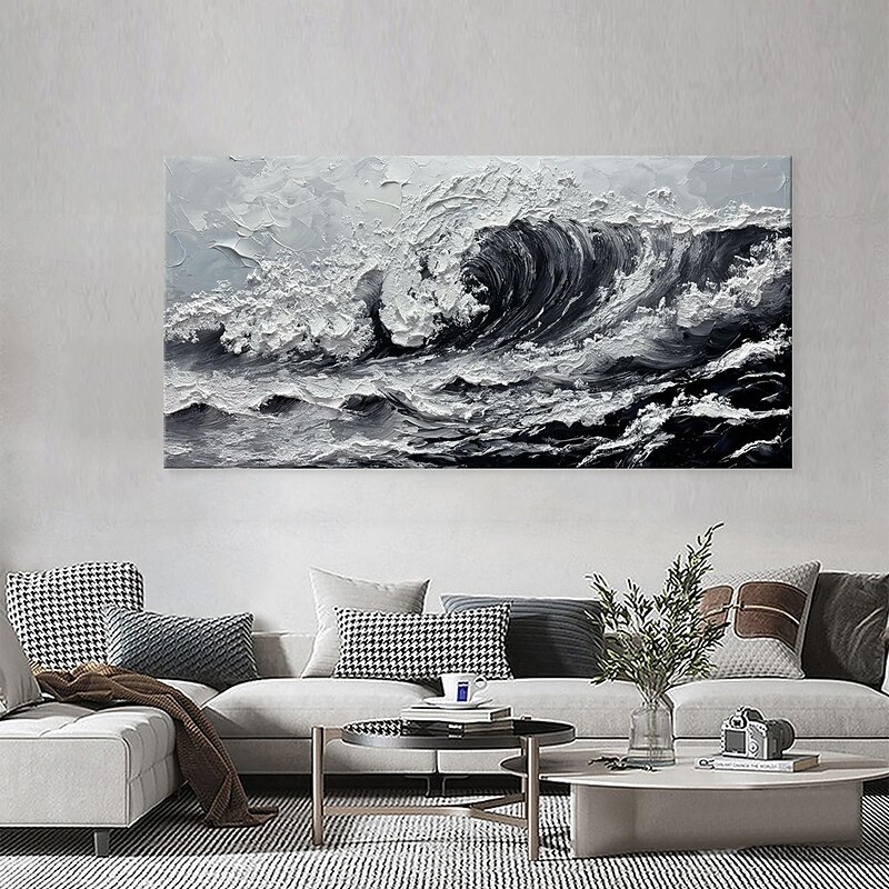 Handmade Oil Painting Canvas Wall Art Decoration Modern Black and White Sea Wave Abstract Texture  for Living Room Home Decor Stretched Frame Hanging Painting/Rolled Frameless Unstretched Painting4