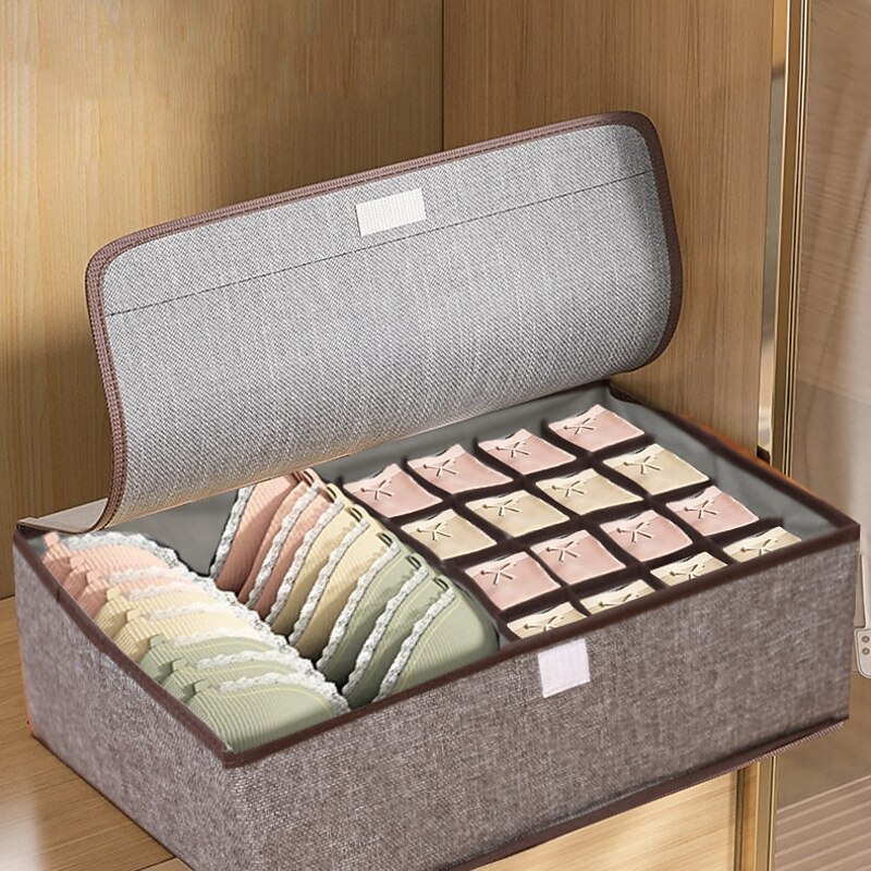 Underwear Storage Box with Lid, Foldable Drawer Organizer Basket with Compartments for Clothes, Bras, Panties, Socks, Ties, Closet and Wardrobe Storage Bin