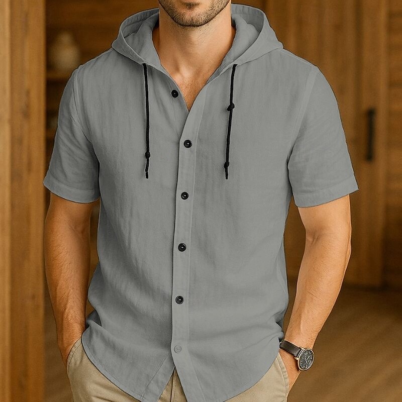 Men's Button Up Shirt Hooded Shirt Black White khaki Gray Light Blue Short Sleeve Solid / Plain Color Hooded Vacation Casual Hooded Clothing Apparel Polyester Fashion4