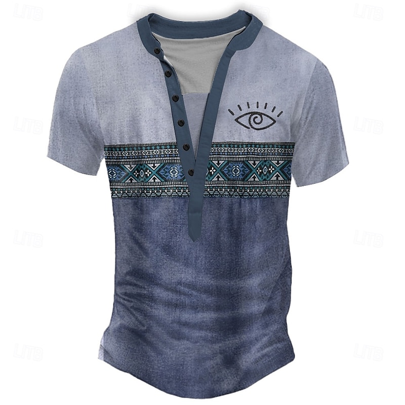 Men's Geometric Tribal T Shirt Henley Shirt Tee Short Sleeve Designer Basic Classic Outdoor Casual Daily Summer Gray Green Light Blue Khaki Henley Henley T-Shirt2