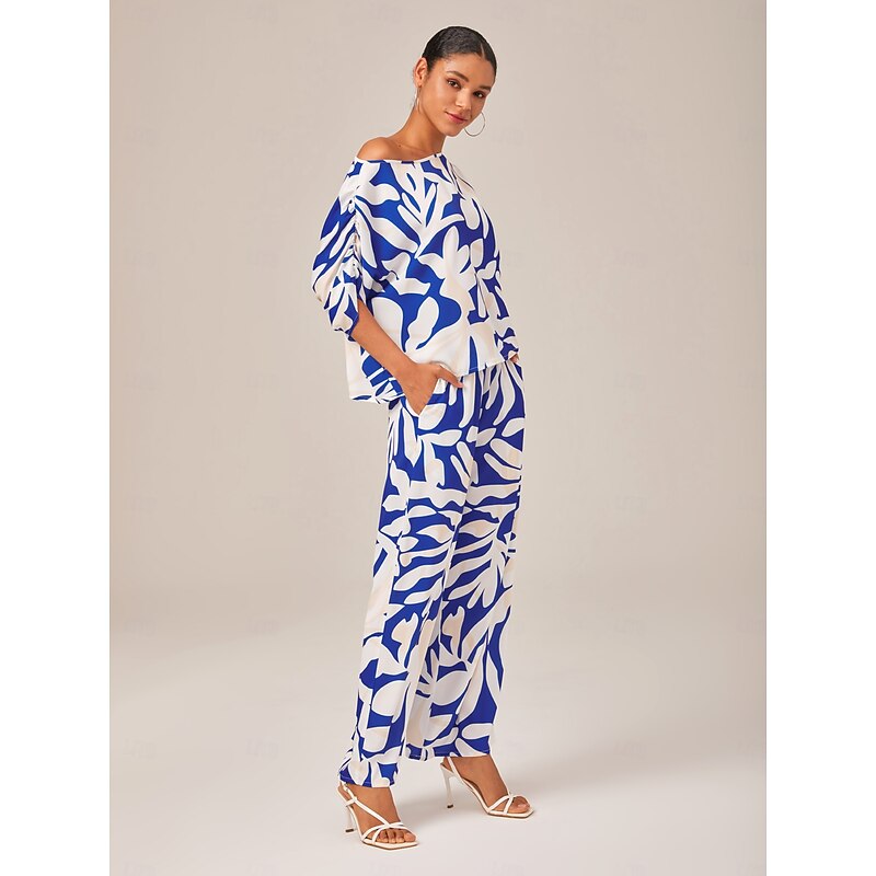 Satin Mismatched Floral Slash Neck T-shirt Sleeve Two Piece Set2