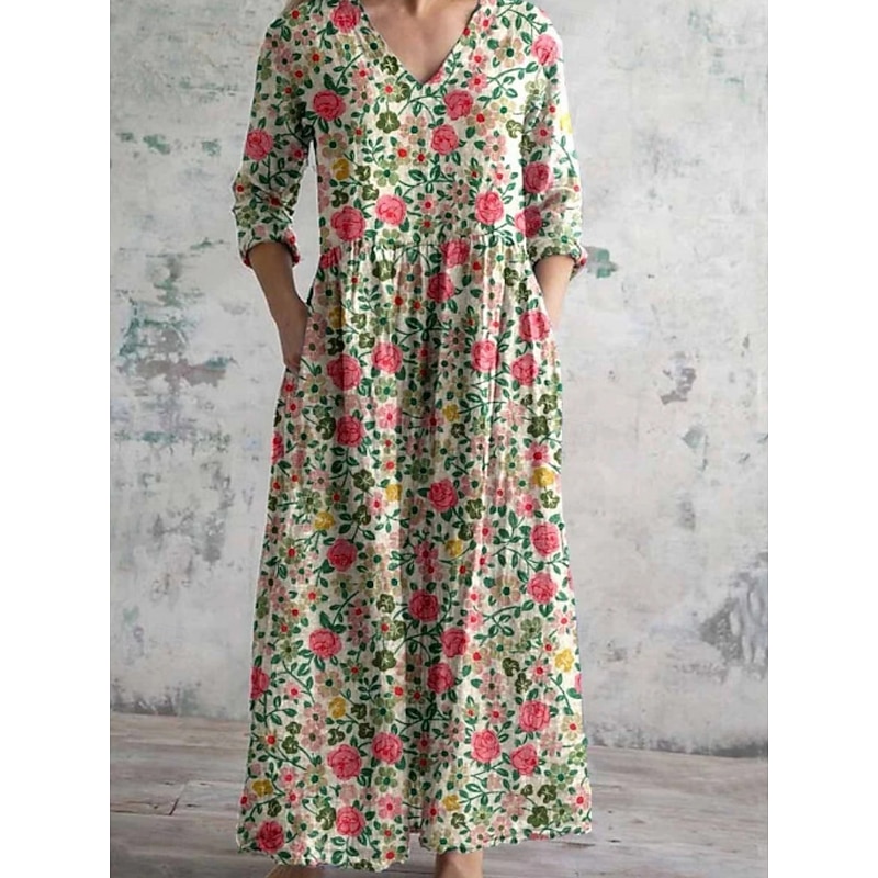 Women's Long Dress Maxi Dress Casual Dress Summer Dress Boho Dress Fashion Vacation Daily Weekend Regular Fit Floral Long Sleeve V Neck White Light Green Pink Blue Summer