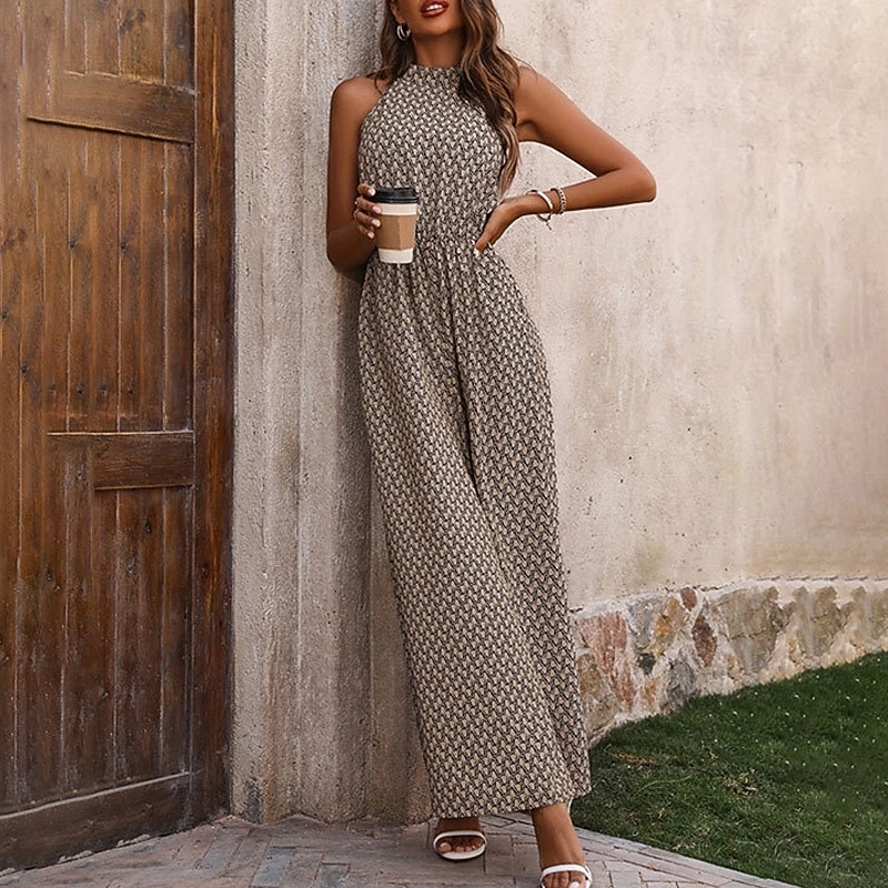 Women's Normal Jumpsuit Streetwear Floral Sleeveless Halter Neck Pocket Print Street Daily Regular Fit Apricot Summer4