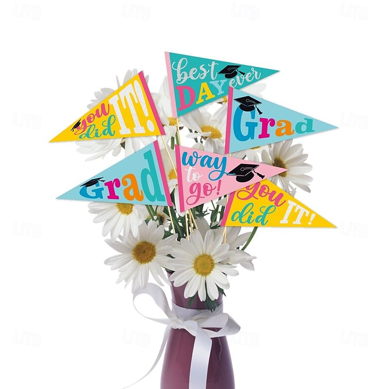 12 Pack Double Sided Class of 2025 Graduation Party Centerpiece Sticks, Vase Arrangement Triangle Flag Graduation Season Flower Bouquet Arrangement Plaque Graduation Ceremony Decoration4