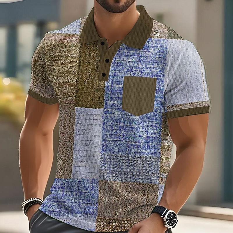 Men's Color Block Polo Short Sleeve Polo Shirts Collared Shirts Business Casual Outdoor Athleisure Daily Wear Buttons Pocket 3D Print Summer Dark Brown Blue Brown3