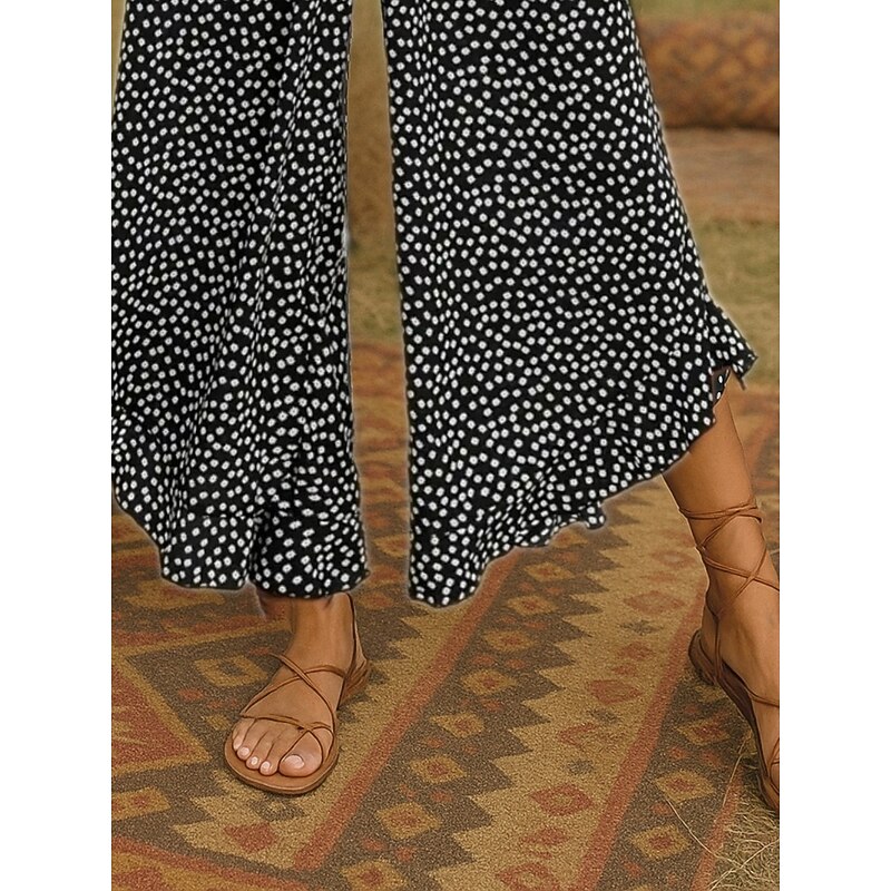 Women's Wide Leg Pants Trousers Bohemian Boho Long High Waist Polka Dot Printing Elastic Drawstring Design High Cut Breathability Soft Micro-elastic Vacation Holiday Casual Daily Black Summer Regular2