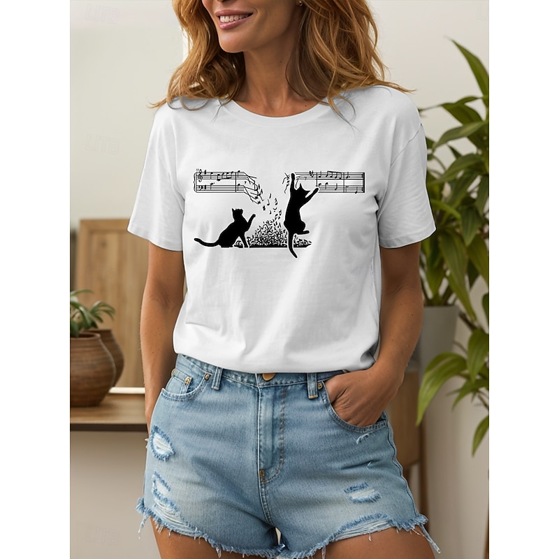 Women's T Shirt Cotton Shirt Graphic Cat Vintage Stylish Classic Short Sleeve Crew Neck Round Neck Regular Tops Daily Print Black White Gray Summer