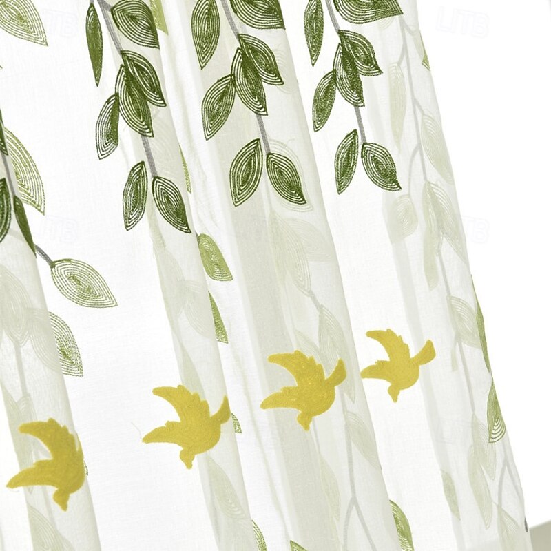2Pcs American Style Willow Leaf Embroidered Window Screen Living Room Bedroom Dining Room Study Semi Transparent Curtains3