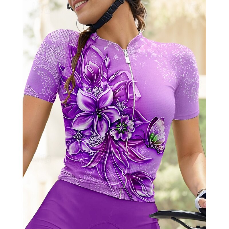 Women's Cycling Jersey Graphic Gradient Floral Botanical Short Sleeve Bike Jersey Top with 3 Rear Pockets Sunscreen UV Resistant Quick Dry Reflective Strips Sports Purple Clothing Apparel3