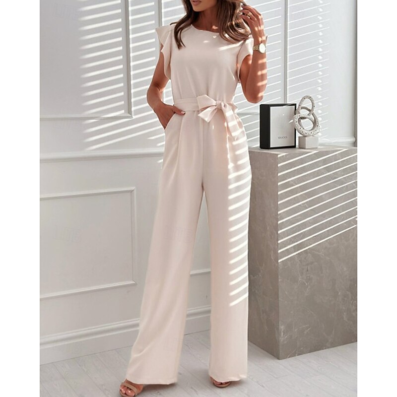 Women's Normal Jumpsuit Streetwear Solid Color Sleeveless Straight Crew Neck Ruffle Street Daily Regular Fit Black Red Apricot Summer3