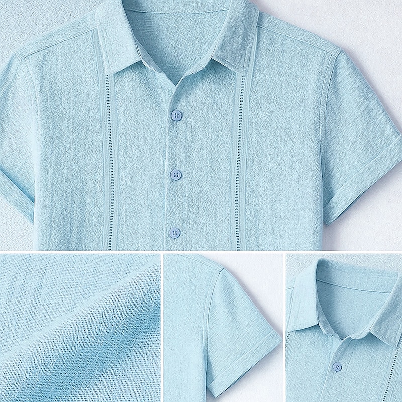 Men's Shirt Linen Shirt Summer Shirt Beach Shirt Summer Hawaiian Shirt Solid Color Vacation Street White Pink Light Blue Short Sleeve Collar Summer Spring & Summer Clothing Apparel Patchwork3