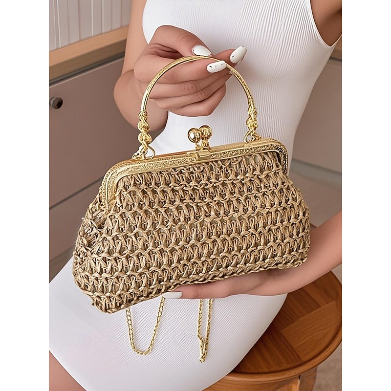 Women's Vintage Woven Straw Handbag – Elegant Kiss Lock Frame Purse with Gold Chain, Retro Style Clutch for Beach Vacations, Parties & Summer Outings4