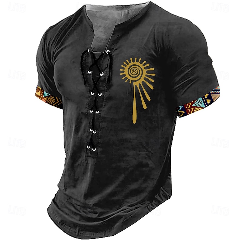 Men's Tribal Shirt Short Sleeve T shirt 3D Print Lace Up Neck Shirt Retro Vintage Vintage Retro Street Casual Daily Black Khaki Dark Gray Summer Spring Clothing Apparel S M L XL XXL XXXL