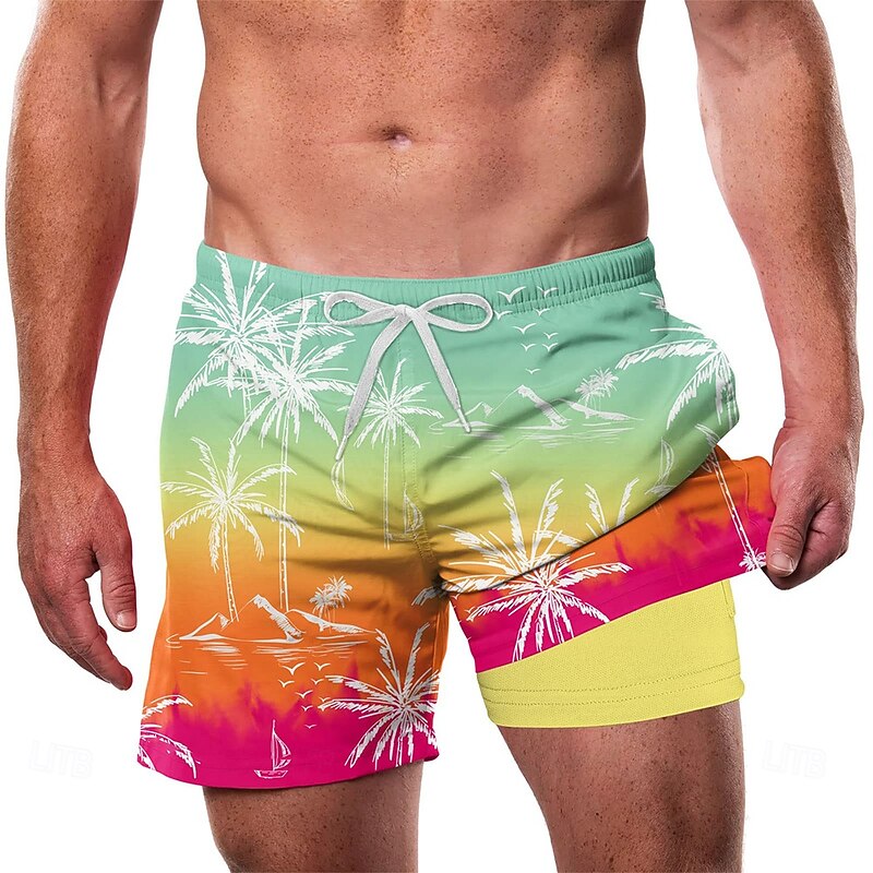 Men's Coconut Tree Tropical Gradient Color Lined Shorts 2 in 1 Board Shorts Swim Shorts Mid Waist Hawaiian Vacation Side Pockets With Compression Liner Elastic Drawstring Waist Designer Clothing4