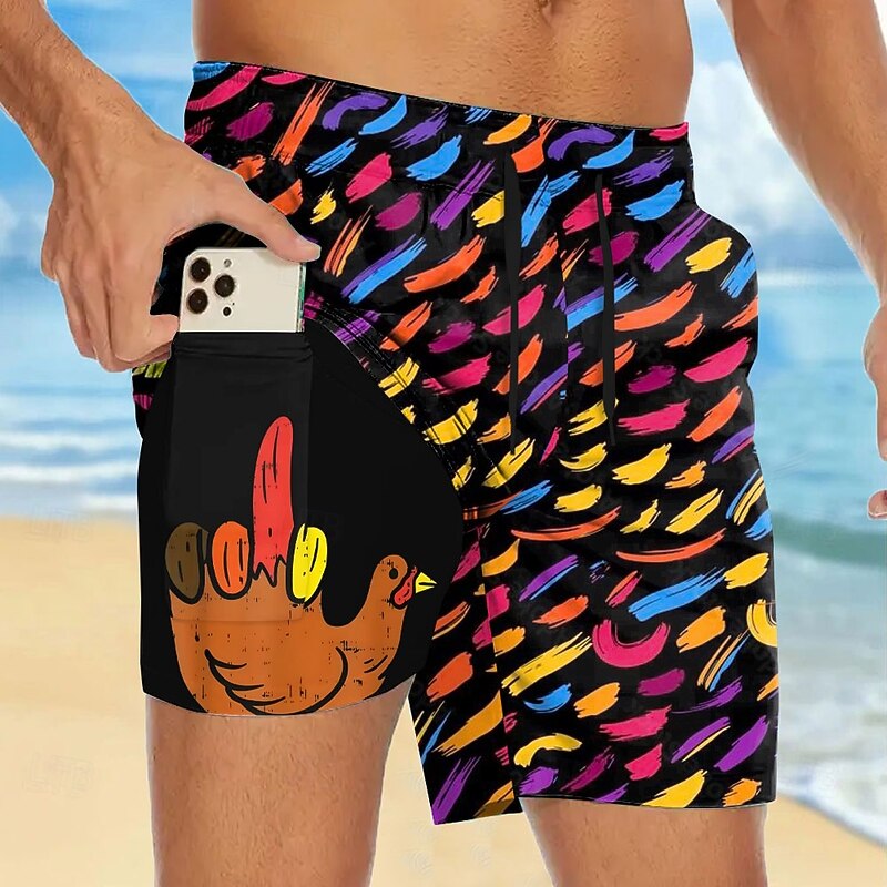 Men's Chick Funny Middle Finger Lined Shorts 2 in 1 Board Shorts Swim Shorts Mid Waist Hawaiian Vacation Beach Wear Side Pockets With Compression Liner Elastic Drawstring Waist Designer Clothing3