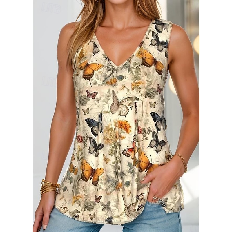 Women's Camisole Tank Top Floral Graphic Butterfly Daily Stylish Romantic Sleeveless V Neck Regular Tops Print Yellow Summer