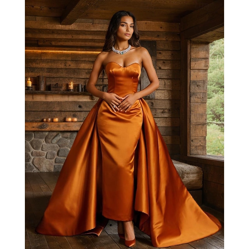 Mermaid Evening Gown With Overskirt Formal Wedding Guest Court Train Sleeveless Sweetheart Satin with Pleats2
