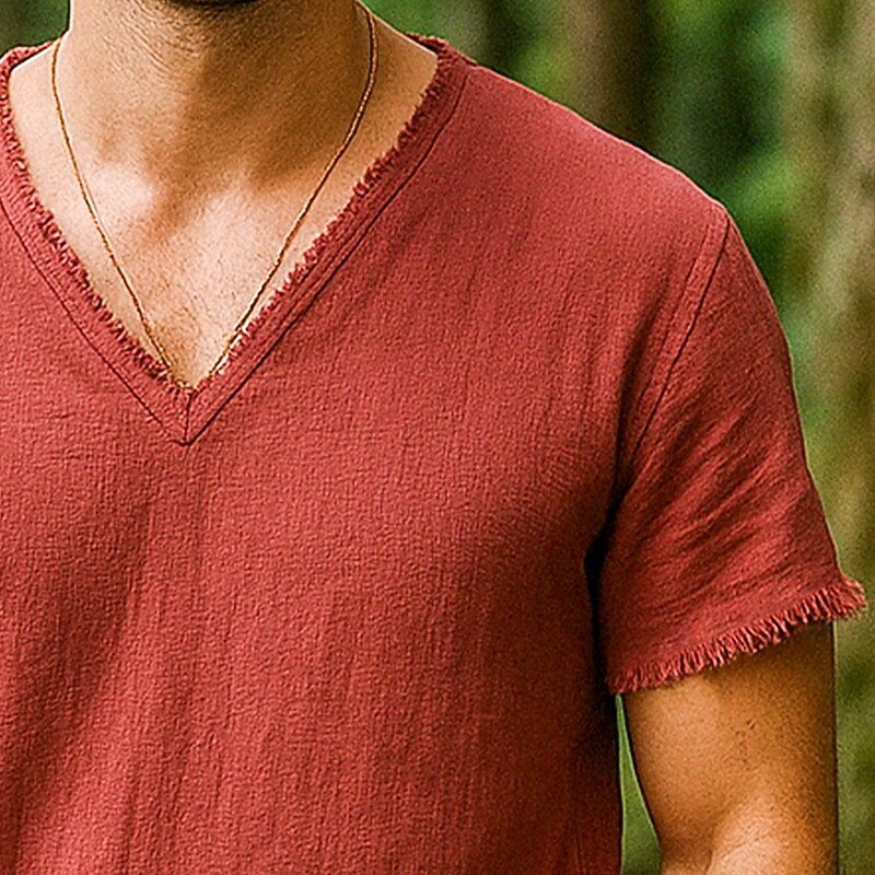 Men's Tee Top Linen T-Shirt Short Sleeves V Neck Summer Plain Fashion Designer Basic Tassel Minimalist Soft Vacation Casual Casual Daily Light Blue White Pink Top Tee for Men2