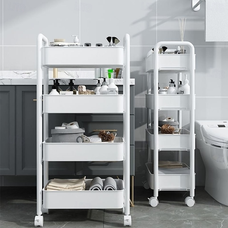 3/4 Tier Plastic Rolling Utility Cart with Handle, Multi-Functional Storage Trolley for Office, Living Room, Kitchen, Movable Storage Organizer with Wheels, White/Black