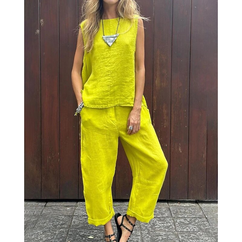 Women's Active Blouse Pants Sets Sleeveless Crew Neck Solid Color Holiday Weekend Black Yellow Blue Summer Regular Fit