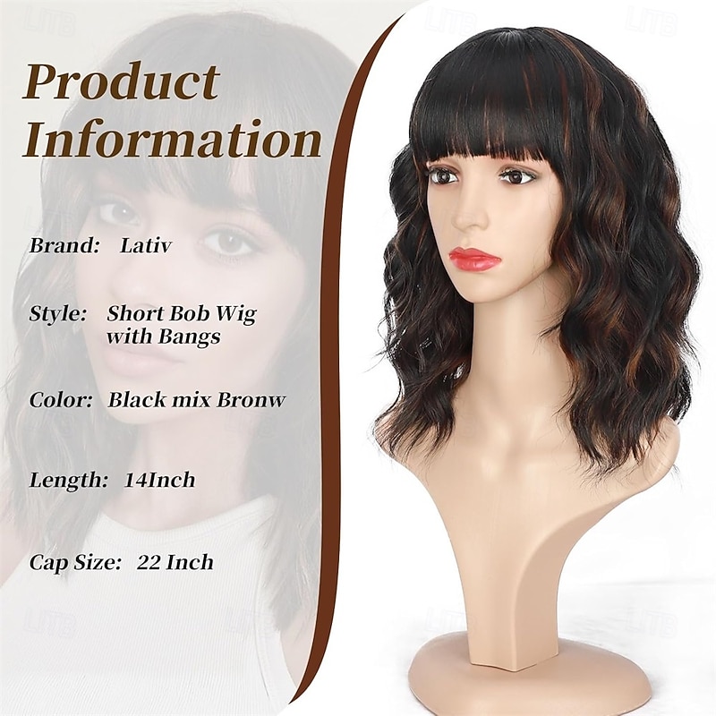 Lativ Black Mix Brown Wig with Bangs Short Wavy Wigs for Women Shoulder Length Curly Bob Wigs 14 Inches for Halloween Cosplay Daily Party Use2