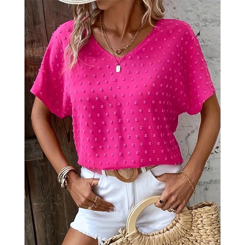 Women's Shirt Plain Stylish Modern Short Sleeve V Neck Regular Tops Daily Holiday Guipure Pink Blue Rose Pink Summer
