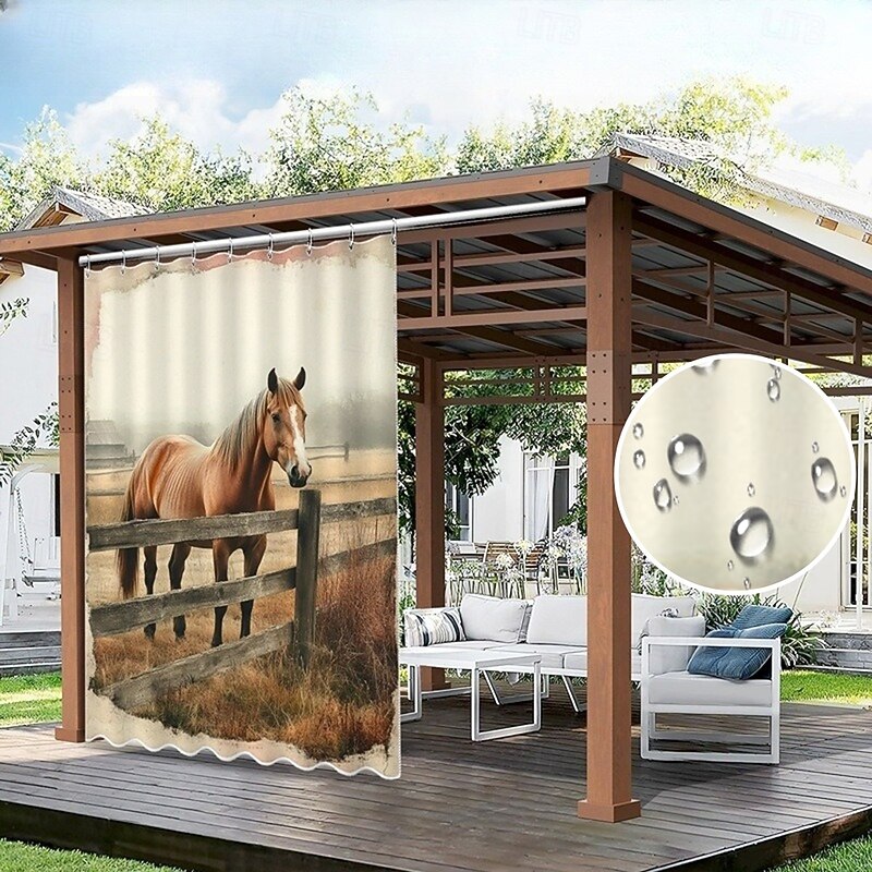Waterproof Outdoor Curtain Privacy, Sliding Patio Curtain Drapes, Pergola Curtains Grommet 3D Animal Horses For Gazebo, Balcony, Porch, Party, 1 Panel
