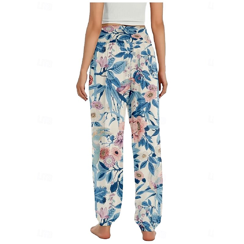 Women's Linen-Inspired Pants Wide Leg Pants Trousers Ethnic Style Casual Boho Full Length High Waist Floral Pocket Elastic Waist Printing Breathability Soft Micro-elastic Outdoor Yoga Light Green2