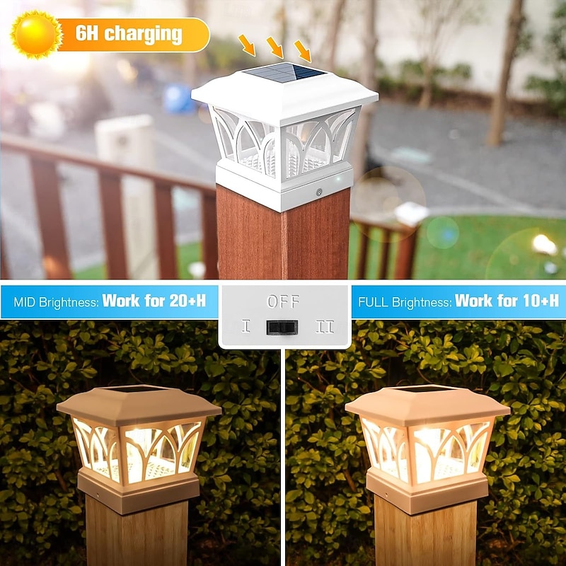 Solar Post Cap Lights Outdoor 4 Pack, Full & Mid 2 Lighting Brightness, Pearl White Fence Post Lights Solar Powered for Garden Fence Deck Mailbox4