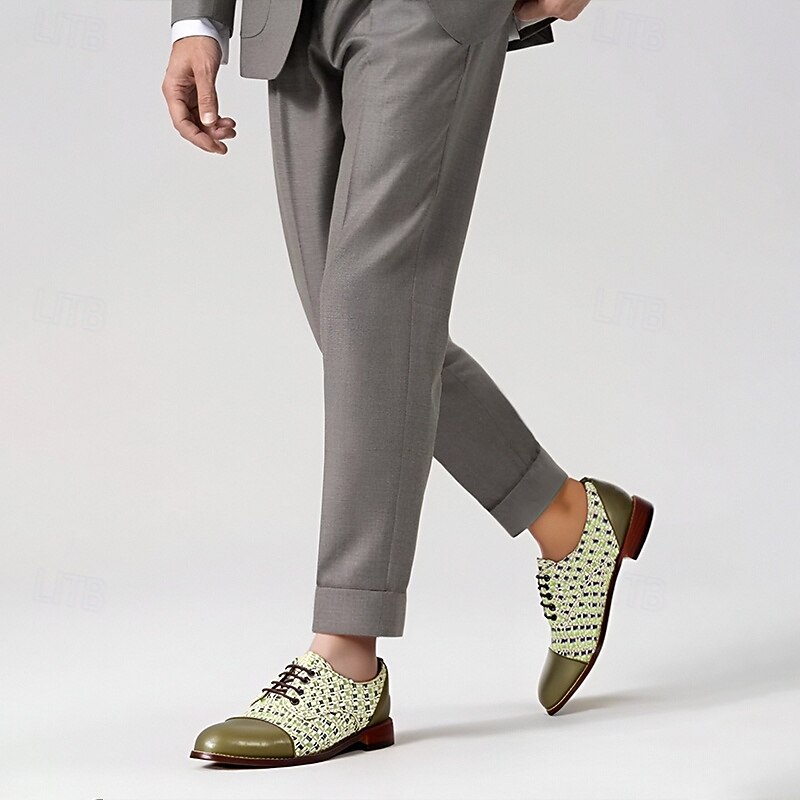 Men's Vibrant Green and White Nylon Woven Beaded Lace-Up Oxfords - Unique Statement Shoes for Social Events and Festivals2