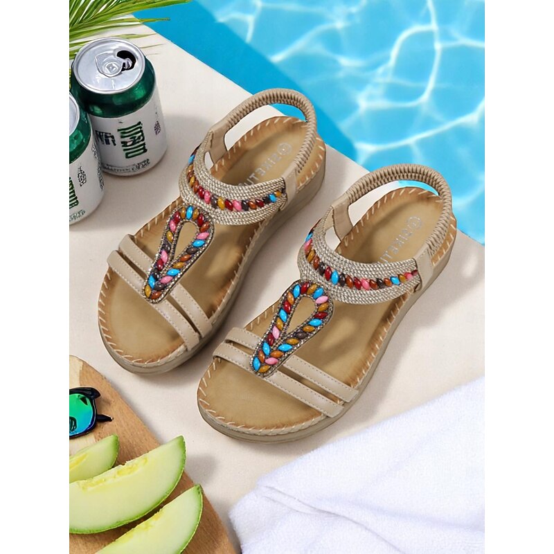 Women's Brown Beaded T-Strap Flat Sandals – Boho Ethnic Style Summer Shoes for Casual Outings, Travel, and Beach Vacations2