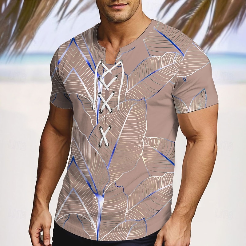 Men's Tropical Tropical Flowers Shirt Short Sleeve T shirt 3D Print Lace Up Neck Shirt Vacation Street Casual Daily Pink Blue Green Summer Spring Clothing Apparel S M L XL XXL XXXL2