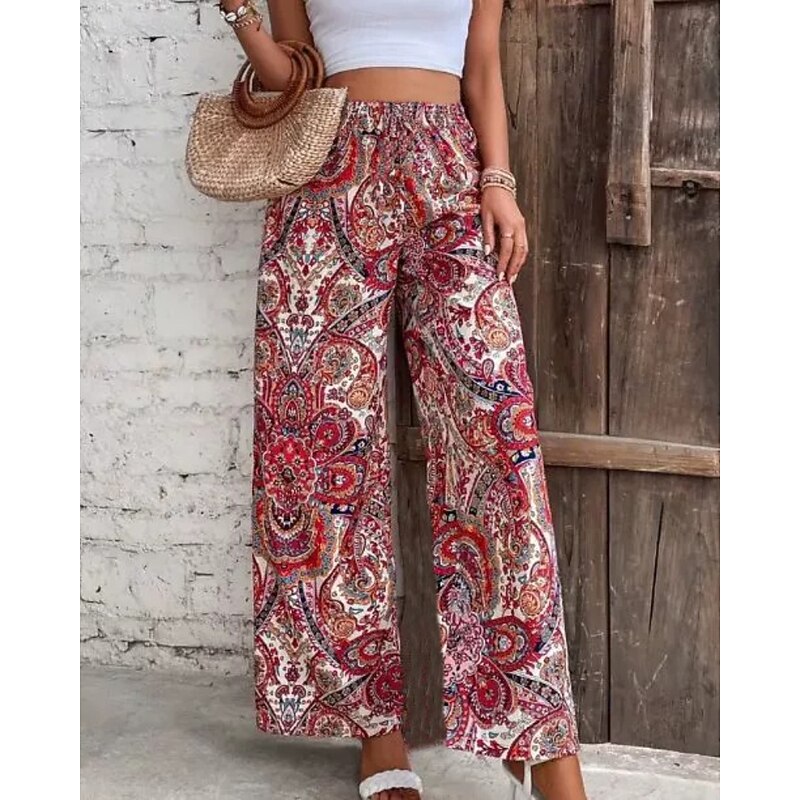 Women's Slacks Pants Trousers Fashion Boho Full Length Natural Flower Elastic Waist Printing Comfy Outdoor Comfortable Vacation Going out Magenta Apricot Navy Blue Summer Regular Fit