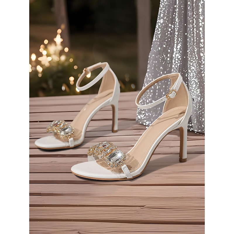 Women's Black Stiletto Heeled Sandals with Large Crystal Embellishments and Ankle Strap – Glamorous Party Shoes for Cocktail Events and Formal Evenings