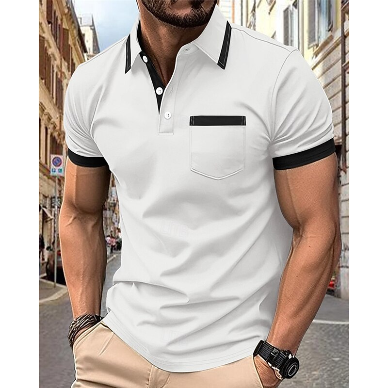 Men's Golf Shirt Golf Polos Shirts Work Casual Lapel Short Sleeve Basic Modern Color Block Patchwork Pocket Summer Regular Fit Black White Wine Navy Blue Sky Blue Brown Golf Shirt