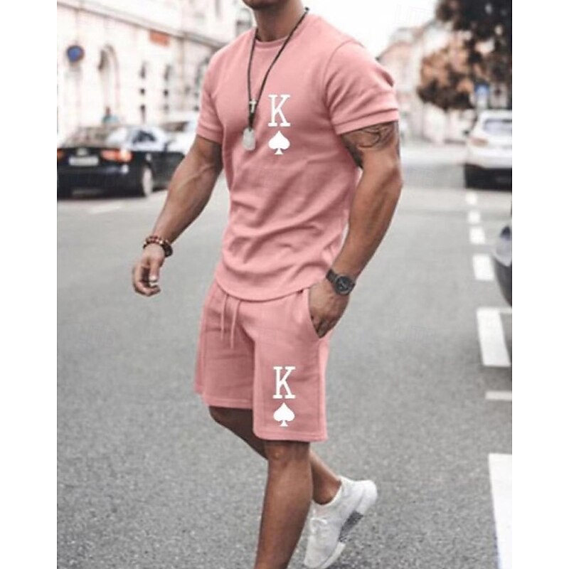 Men's T-shirt Suits 2 Pieces Outfits Tee & Shorts Short Sleeve Crew Neck Summer Heart Quotes & Sayings Fashion Casual 2 Piece Vacation Daily Wear Going out Green+Lime Black White Top Tee for Men