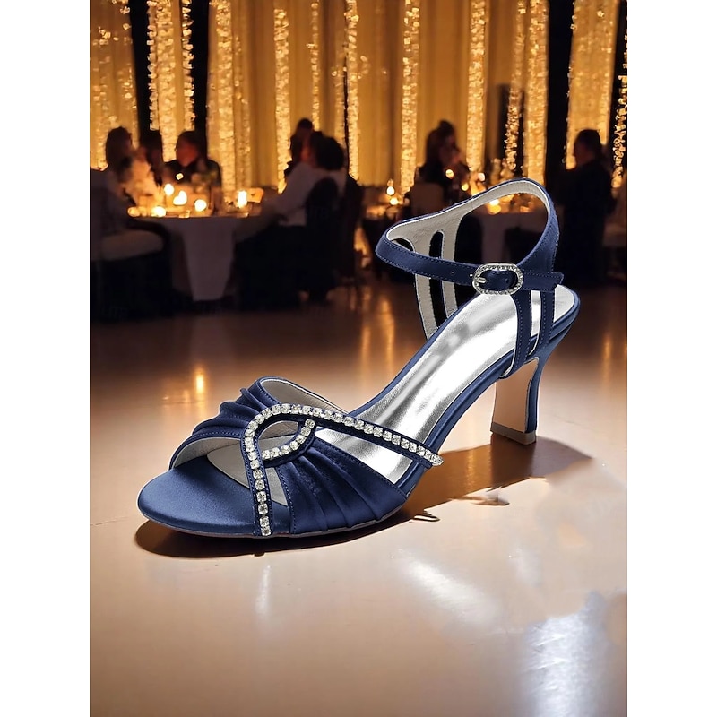Women's Navy Blue Satin Rhinestone Heeled Sandals – Elegant Open-Toe Dress Shoes for Cocktail Party, Wedding & Evening Events