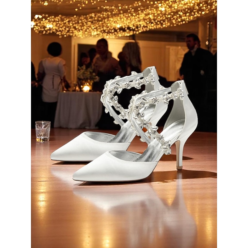 Women's White Satin Crystal Strap Heels – Elegant Pointed Toe Cocktail Shoes for Weddings and Evening Parties