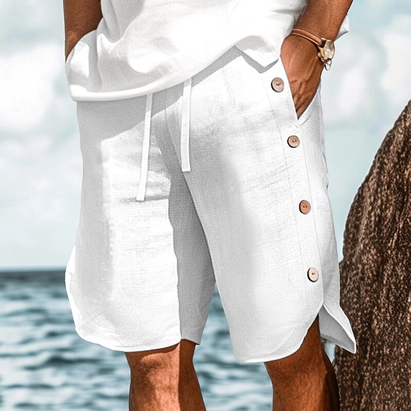 Men's Shorts Linen Shorts Summer Shorts Beach Shorts Buttons Drawstring Elastic Waist Plain Comfort Breathable Knee Length Outdoor Daily Beach Vacation Fashion Black White Micro-elastic
