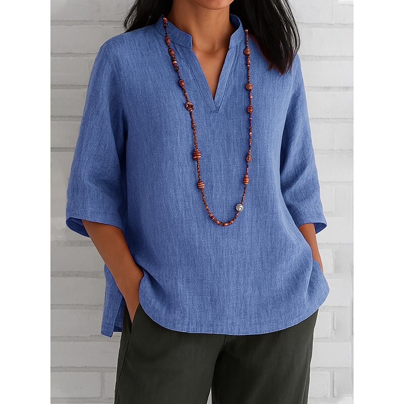 Women's Cotton Linen Blouse Solid Color Elegant Vintage Stylish 3/4 Length Sleeve V Neck Regular Tops Daily Holiday Red Blue Green Khaki Summer Spring4