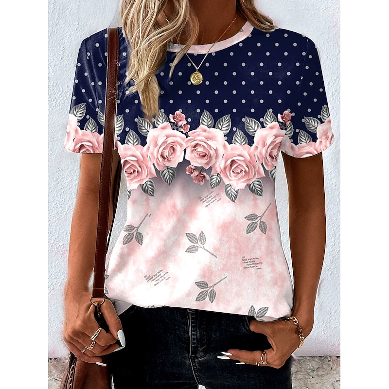 Women's T Shirt Floral Graphic Polka Dot Vintage Stylish Classic Short Sleeve Crew Neck Round Neck Regular Tops Daily Print Navy Blue Summer