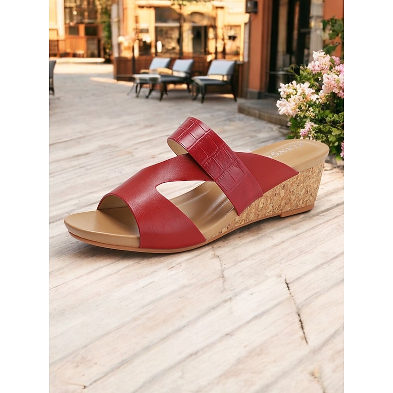 Women's Brown Cork Wedge Sandals - Open-Toe Slip-On Summer Slides with Croc-Embossed Straps for Casual & Summer Wear