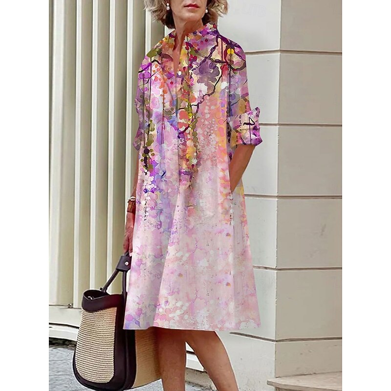 Women's Mini Dress Shirt Dress Casual Dress Summer Dress Fashion Vacation Daily Weekend Regular Fit Floral Long Sleeve Shirt Collar Pink Purple Summer